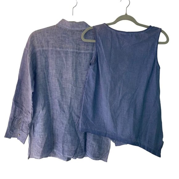 Inizio Womens Shirt Tank Set Size Small Blue Side Slits Button Down Pure Linen - Picture 2 of 8